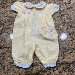 Vintage Yellow Hot Air Balloon Cotton Romper Floral Trim 3-6 Months